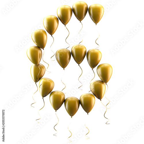 Globos dorados metálicos con el número 6 sobre fondo blanco para fiestas. Globos dorados brillantes que forman el número seis. Elemento para la celebración del tercer cumpleaños. Ilustración 3D.