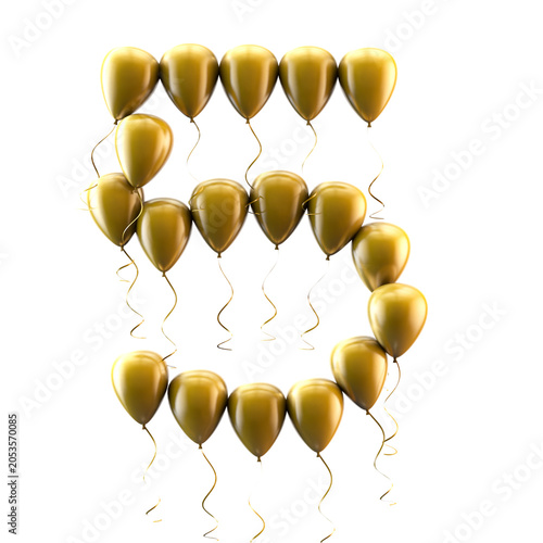 Globos dorados metálicos con el número 5 sobre fondo blanco para fiestas. Globos dorados brillantes que forman el número tres. Elemento para la celebración del quinto cumpleaños. Ilustración 3D.