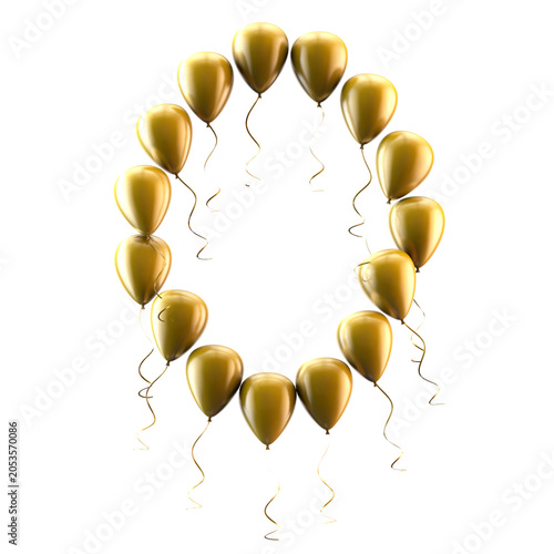 Globos dorados metálicos con el número 0 sobre fondo blanco para fiestas. Globos dorados brillantes que forman el número cero. Elemento para la celebración del tercer cumpleaños. Ilustración 3D.