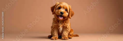 Adorable reddish Havanese puppy sits, happy expression , small, havanese