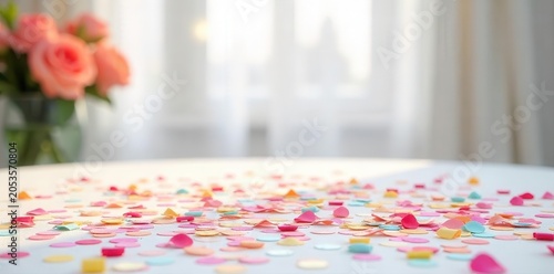Colorful confetti scattered on a white wedding table with elegant decorations , party, elegant