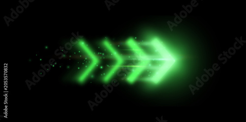Foto Green Glowing Arrow Speed Motion Effect With Light Particles On Black Background