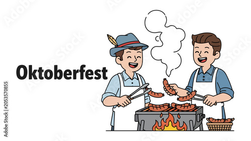 Canvastavla Oktoberfest Celebration: Two jovial men in traditional Bavarian attire grill sausages at a bustling Oktoberfest celebration, steam rising from the savory treats