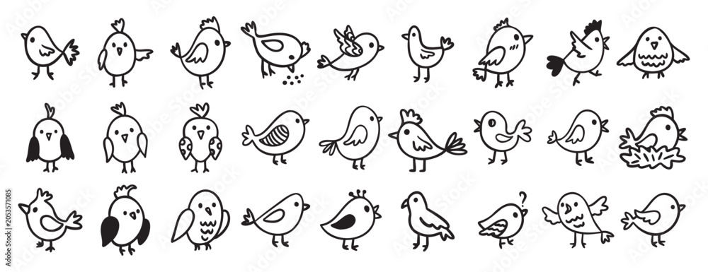 Fototapeta premium cute birds forest animal characters doodle hand drawn icon set. Outline drawing birds line clipart symbol collection