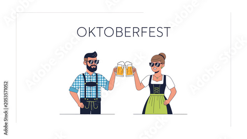 Quadro em tela Oktoberfest Celebration: A man and woman in traditional Bavarian attire toast with frothy mugs of beer, embracing the spirit of Oktoberfest with infectious joy and revelry