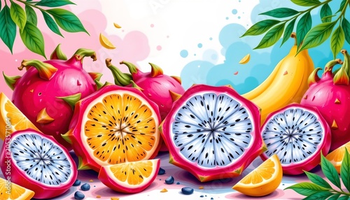 Vibrant Tropical Fruit Scene Watercolor Style