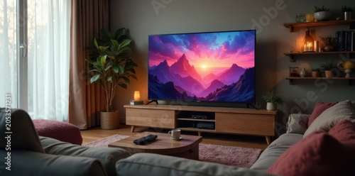 Cozy living room, blankets, remote, TV screen, movie, chill
