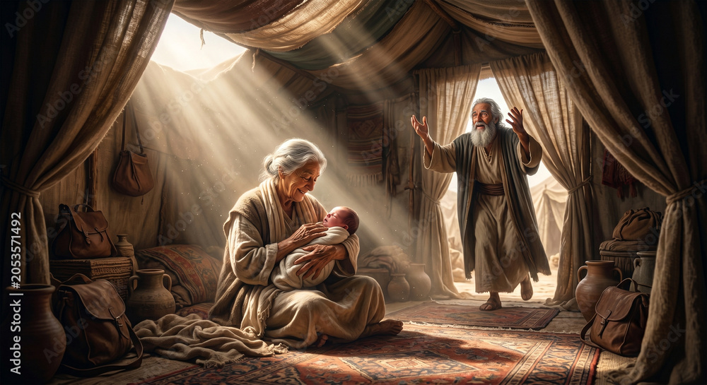 Fototapeta premium &nbsp;A dramatic, low-angle digital painting capturing Abraham entering a warmly lit tent, his hands lifted in praise and awe as he looks at his wife Sarah holding their miracle son, Isaac. 