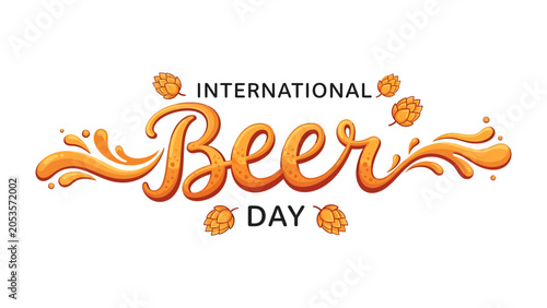 Fotografía International Beer Day Illustration: A stylized illustration celebrating International Beer Day, featuring elegant calligraphy for Beer Day surrounded by whimsical splashes and hop motifs