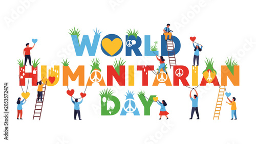 Quadro su tela World Humanitarian Day: People come together to celebrate World Humanitarian Day, decorating large letterforms that spell out the holiday