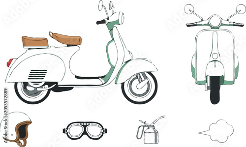 Vintage classic motor scooter vector illustration set with retro moped profile front view helmet goggles oil can and exhaust smoke on white background