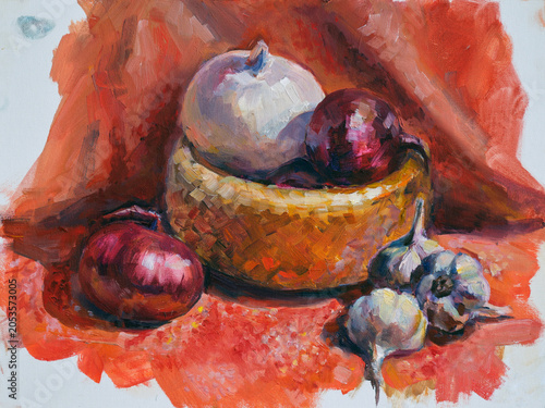 Still life with wicker basket, onions and garlic. Oil painting on canvas