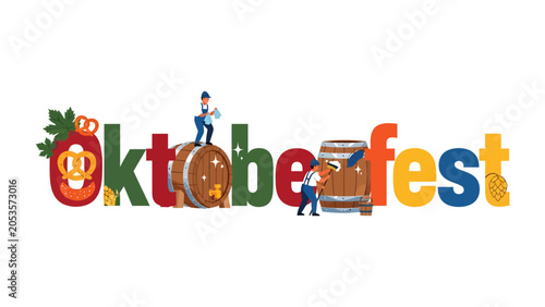 Photography Oktoberfest Celebration Text Art: Colorful text spells out Oktoberfest with festive elements like pretzels, beer barrels, and characters in traditional attire