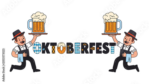 Bild auf Leinwand Oktoberfest Celebration with Beer: Two cartoon waiters in traditional German attire swiftly carry large mugs of frothy beer