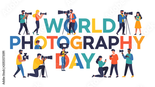 Bild auf Leinwand Celebrating World Photography Day: A vibrant illustration depicts a diverse group of people actively engaged in photography, using various cameras and equipment around the words World Photography Day