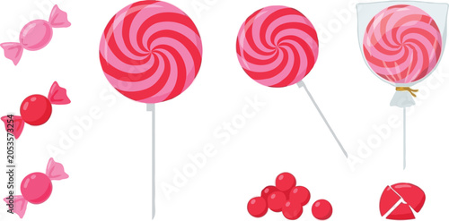 Tableau sur toile Sweet pink swirl lollipop vector illustration set with wrapped hard candies stri