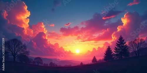Vibrant colors of a mystical sky at sunset with swirling clouds and silhouettes of trees creating a dreamy and enchanting atmosphere , vibrant, surreal