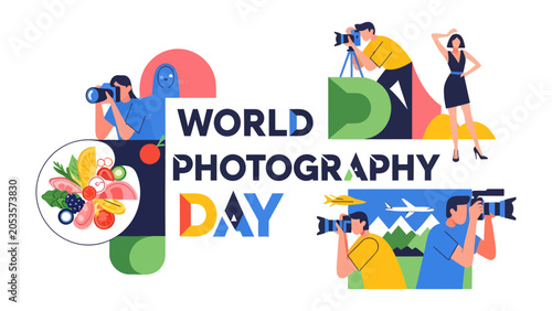 Quadro em tela World Photography Day Celebration: An artistic depiction celebrating World Photography Day, showcasing individuals capturing moments with cameras and binoculars