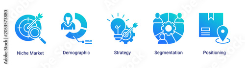 Konstfotografi Market strategy icon set featuring demographic,targeting,and positioning icons for business planning and audience analysis projects