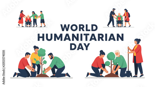 Photos World Humanitarian Day: A vibrant illustration depicts acts of kindness and compassion for World Humanitarian Day, showcasing people helping others and planting trees to foster a better future