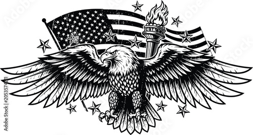 Bald Eagle with Spread Wings, American Flag, Liberty Torch and Stars Illustration for USA Independence Day, Patriotism and National Pride Concept