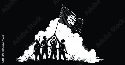 Silhouette of People Raising Bangladesh National Flag Together, Symbol of Independence, Freedom, Patriotism and National Unity with Dramatic Cloud Background Illustration