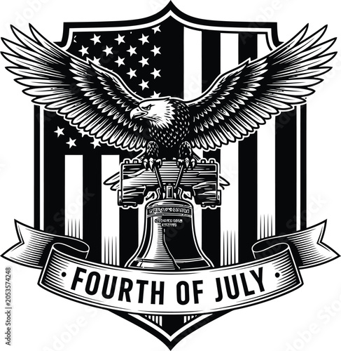 Patriotic Fourth of July Emblem Featuring Bald Eagle, Liberty Bell and American Flag Shield for USA Independence Day Celebration and National Pride Design