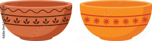 Tableau sur toile Two Decorative Traditional Clay Pottery Bowls with Ethnic Floral Patterns Isolat
