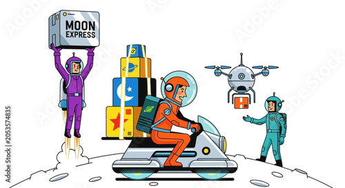 Canvastavla Astronauts Delivering Packages on the Moon with Futuristic Vehicles and Drone