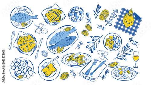Amalfi Italian summer Mediterranean food illustration set fish dishes, pizza slices, pasta and cheese lemons in blue and yellow sketch style vacation doodle style whimsical Hand drawn sketch line art