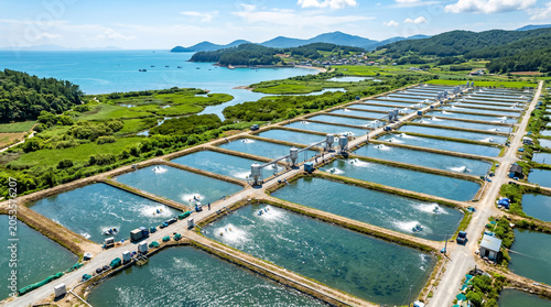 A high-angle drone perspective of a sustainable coastal aquaculture facility featuring multiple aerated ponds for large-scale seafood production.