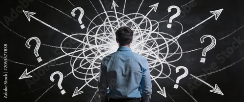 Man Contemplating Complex Problem Solving with Chalkboard Diagrams