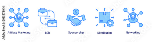 Affiliate network icon set with sponsorship,distribution,and partnership icons for business collaboration and marketing growth projects.