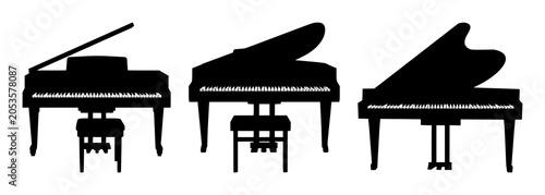 Black silhouette, white background: piano set with simple line art design featuring outline, illustration, graphic elements with clean design and vector art