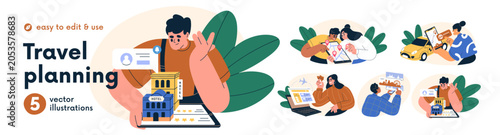 Travel planning concept set. Tourists booking hotels, ordering taxi, tickets,...