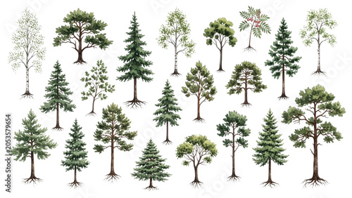 Nordic Tree Species Collection Vector Pack with Scandinavian Forest Trees and Root Systems