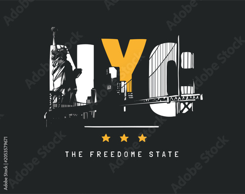 NYC slogan city landmarks silhouette graphic vector illustration - drawn by hand not generative AI