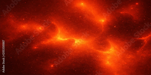 Bild auf Leinwand Fiery nebula, a cosmic cloud of incandescent gas and dust, glows with intense orange and red hues, illuminating the vast expanse of space with stellar energy