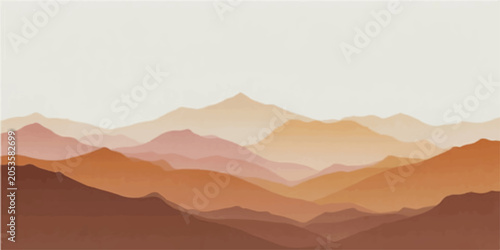 Fényképezés A serene landscape of layered mountain ranges fades into a hazy, soft-hued horizon, evoking a sense of calm and infinite distance