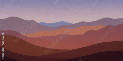 Photos Layers of rolling hills and distant mountains are bathed in the soft, warm hues of a hazy twilight sky, creating a serene and expansive landscape