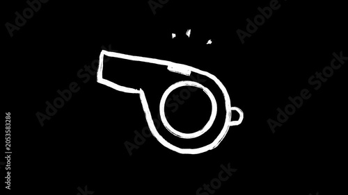Referee whistle hand drawn animation, soccer whistle blowing, animated illustration football match foul rule, motion design cartoon scene, white doodle on black