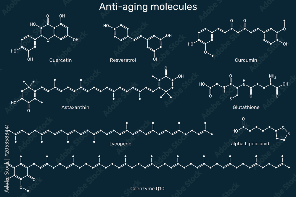 Naklejka premium Anti-aging and cellular longevity power antioxidants molecules set, quercetin, resveratrol, curcumin, astaxanthin, glutathione, lycopene, lipoic acid, coenzyme q10