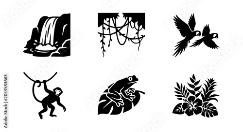 Jungle icon set, silhouette style, white background