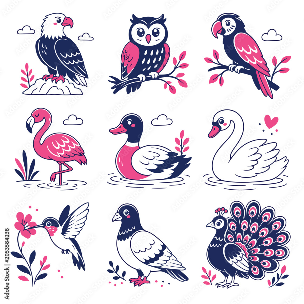Obraz premium A vibrant collection of nine distinct bird illustrations, each rendered in a charming cartoon style with a limited color palette of pink, blue, and white.