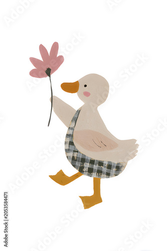 Cute nursery duck with flower illustration set, scandinavian style baby animal poster
