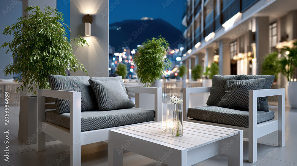 Naklejka premium Night view outdoor lounge patio furniture sofa armchair table lantern, soft terrace seating, warm light, city bokeh, mountain backdrop