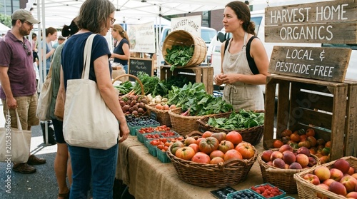 Organic Food Items Inside a Local Farmers Market, Baskets Filled With Fresh Produce, Vibrant Vegetables, Ripe Fruits, Eco-friendly Packaging, Authentic Marketplace Environment