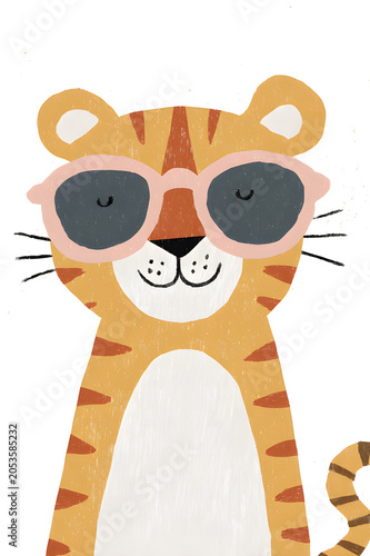 Simpatica illustrazione di tigre con occhiali da sole per bambini, poster scandinavo con animali neonato