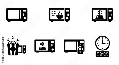 Microwave Oven Icons Set, Kitchen Appliance Symbols, Food Heating and Cooking Vector Graphics