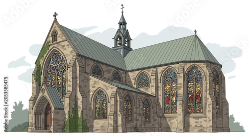 Konstfotografi Gothic Stone Church Building with Stained Glass Windows